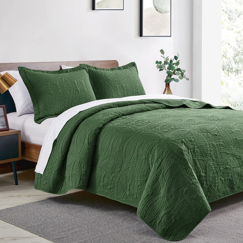 Love's cabin King Size Quilt Set Olive Green Bedspreads - Soft Bed Summer Lightweight Microfiber Bedspread- Modern Style Coin Pattern Coverlet for All Season - 3 Piece (1 Quilt, 2 Pillow Shams) - Image 2