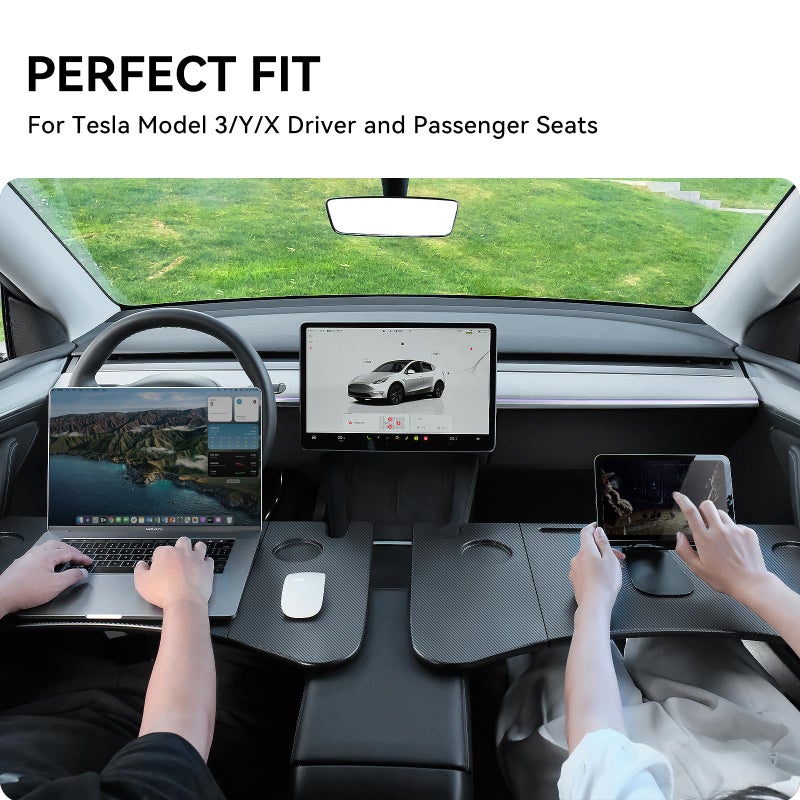 YONZEE Foldable Desk Food Tray (Carbon Edition) for Tesla Model Y Model 3 S X Y Juniper- Upgraded Table with Support Leg for Dining, in-Car Work, Travel and Outdoor (1 Pack) - Image 2