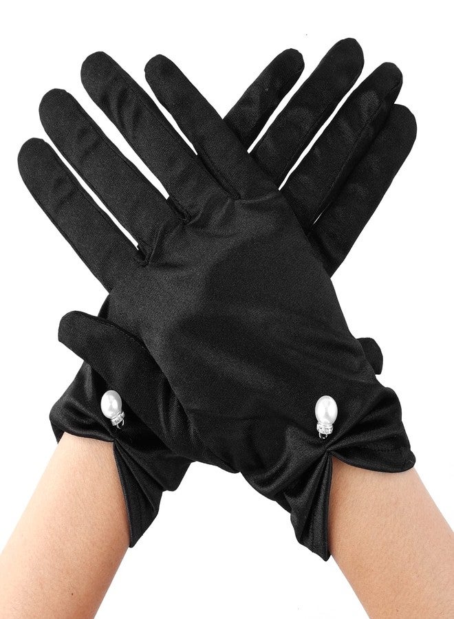 Yolev Short Satin Gloves - Wrist Length Women's Gown Opera Gloves for Wedding, Banquet, Dress Party (Black) - Image 1