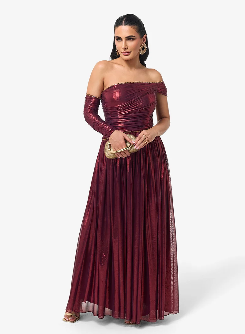 ثريدز باي اجوني فستان ماكسي بكتف مكشوف وتفاصيل واسعة