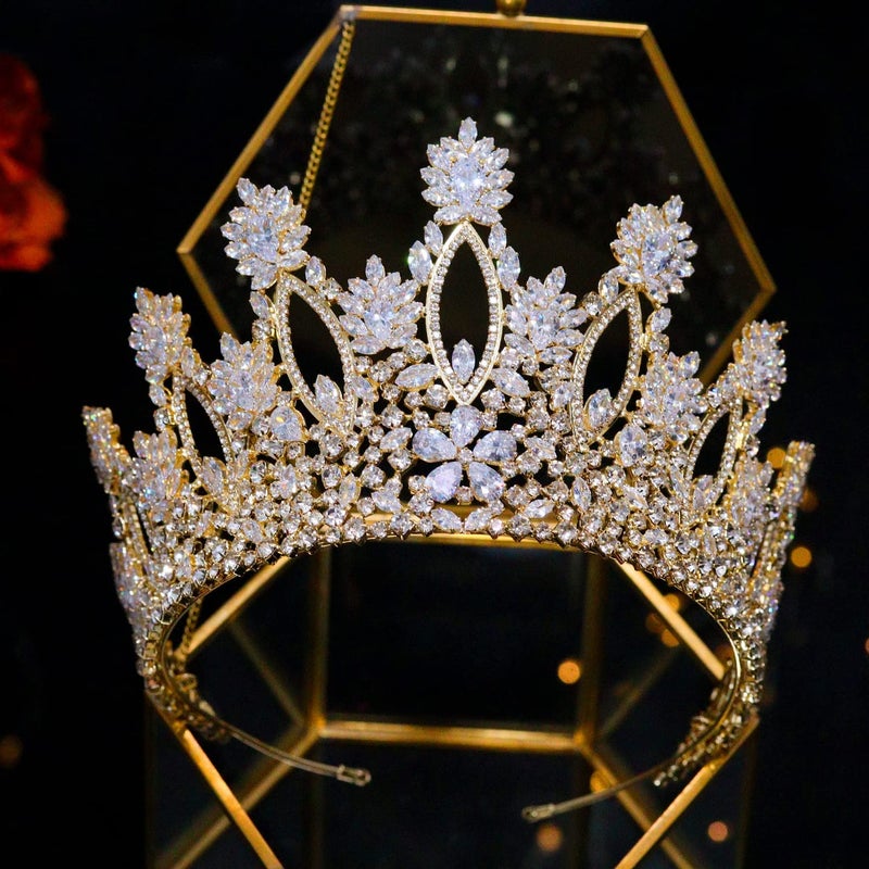 Aoligrace Luxury Tall Cubic Zirconia Tiaras and Crowns for Women CZ Pageant Birthday Party Wedding Hair Pieces for Brides Gold - Image 4