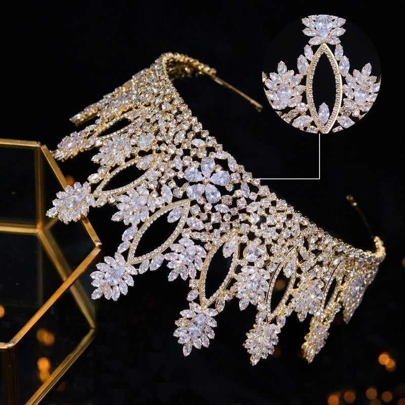 Aoligrace Luxury Tall Cubic Zirconia Tiaras and Crowns for Women CZ Pageant Birthday Party Wedding Hair Pieces for Brides Gold - Image 5
