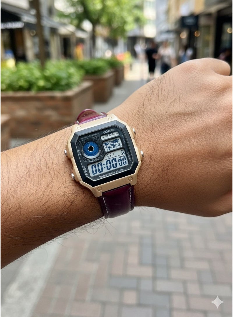 Macon Men’s Digital Sports Watch, Resin Bronze Square Dial, Dark Red Leather Strap, Alarm, Stopwatch, Waterproof - Image 4