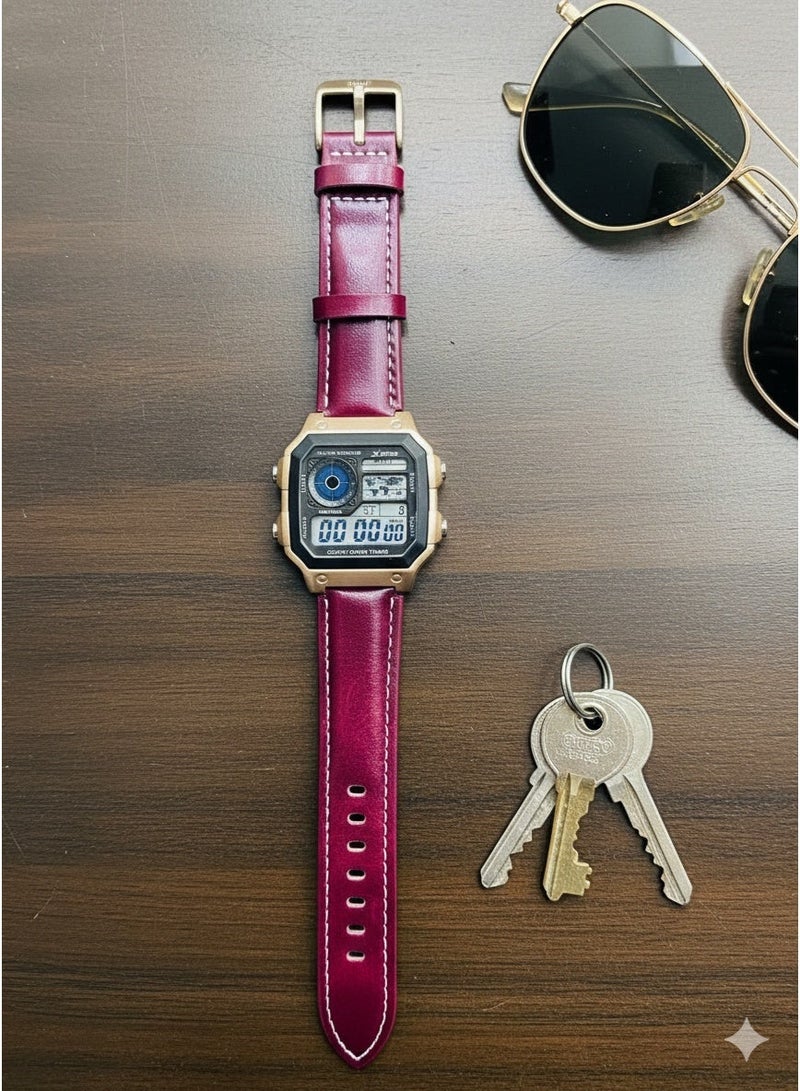 Macon Men’s Digital Sports Watch, Resin Bronze Square Dial, Dark Red Leather Strap, Alarm, Stopwatch, Waterproof - Image 3