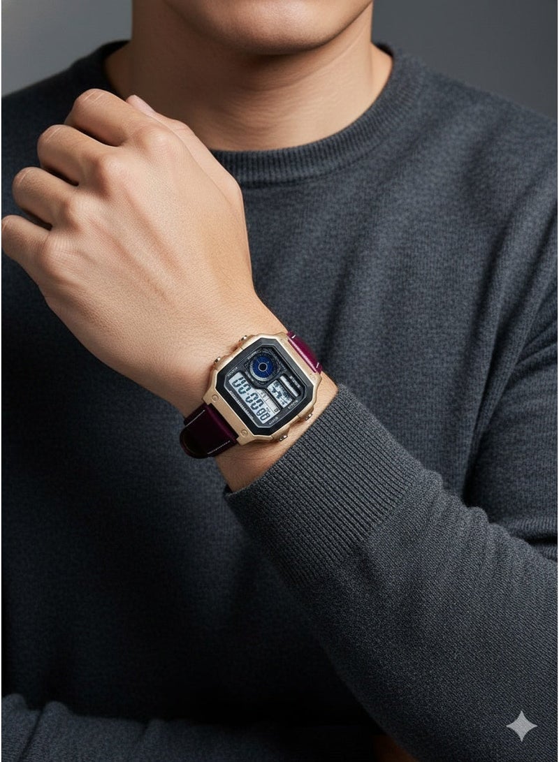 Macon Men’s Digital Sports Watch, Resin Bronze Square Dial, Dark Red Leather Strap, Alarm, Stopwatch, Waterproof - Image 2
