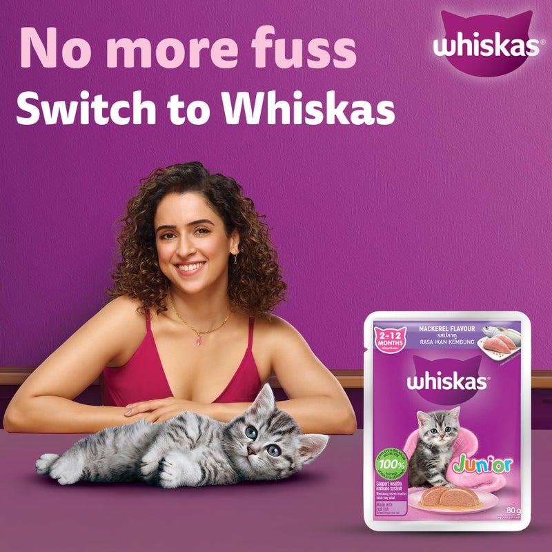 Whiskas طعام قطط رطب ويكساس جونيور (2-12 شهرًا) بنكهة الماكريل، 80 جرام × 14، تغذية كاملة ومتوازنة 100%، يدعم نظام المناعة الصحي - Image 3