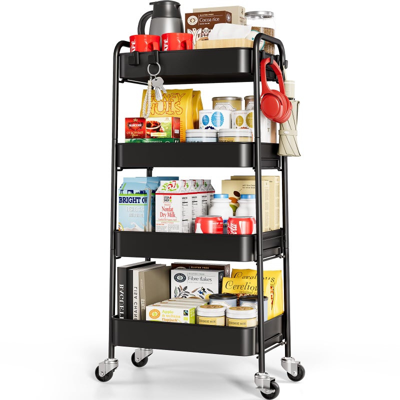 TOOLF 4Tier Metal Rolling Cart with Wheels Storage Utility Organizer Cart for Kitchen Bathroom Office Baby Essentials Makeup Lockable Casters Easy Assembly Large Capacity Black