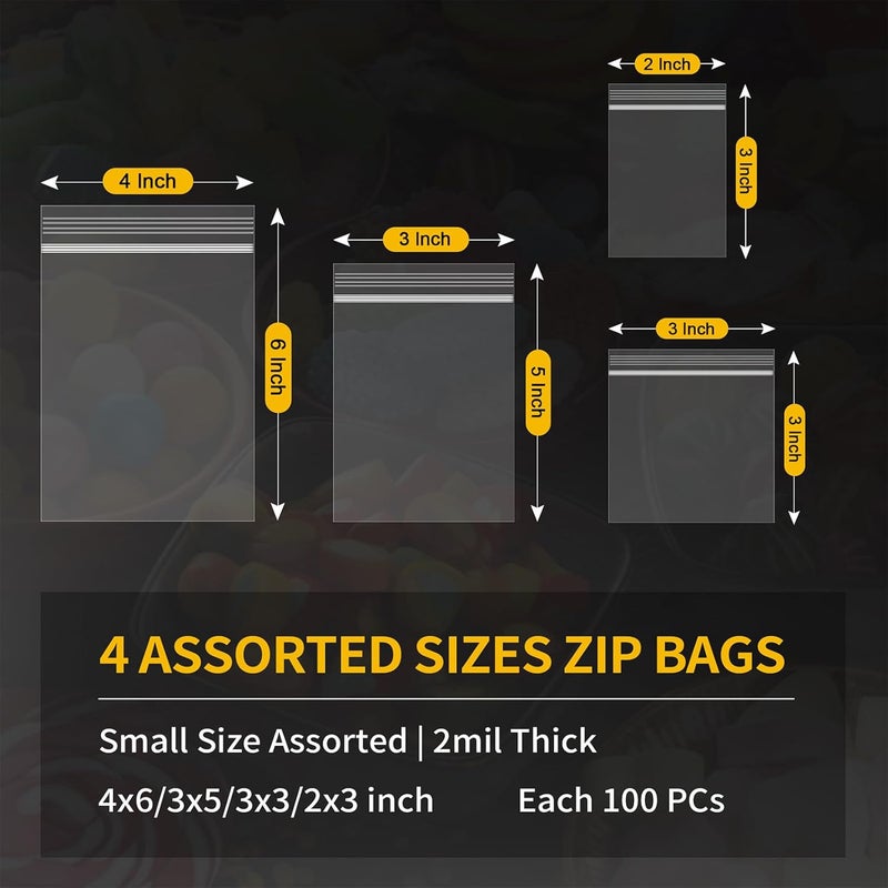 Bonison 400 Pack Small Plastic Bags For Jewelry, Mini Baggies 4 Assorted Sizes. 2x3 3x3 3x5 4x6 Inch 2 Mil Thick Poly Zipper Lock Bags (400pcs(2x3 3x3 3x5 4x6)) - Image 2