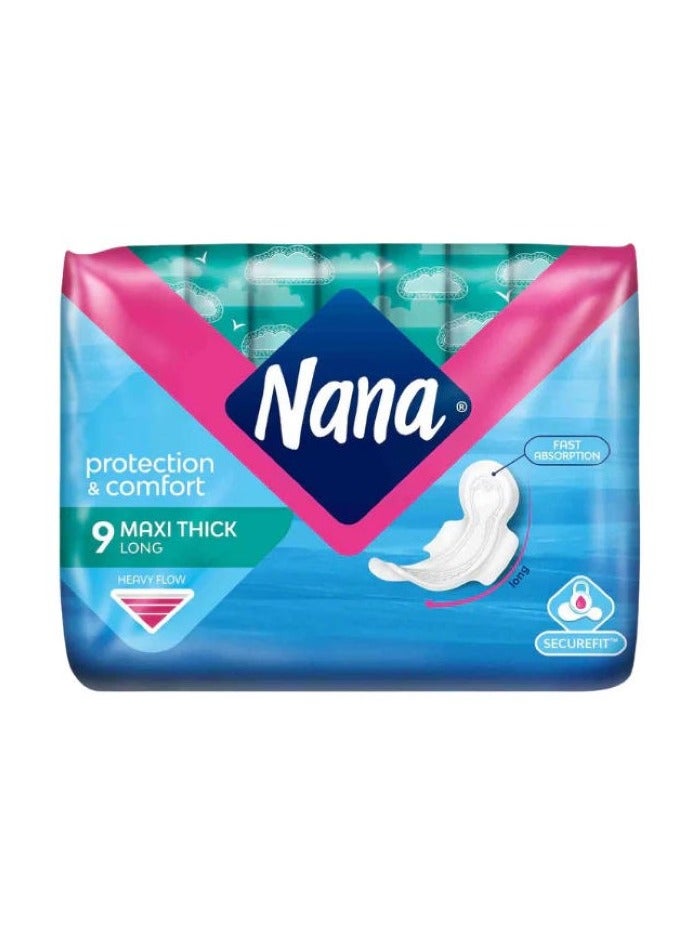 Nana Protection & Comfort Maxi Thick Long Sanitary Pads with Wings For Heavy Flow 9 Pcs 