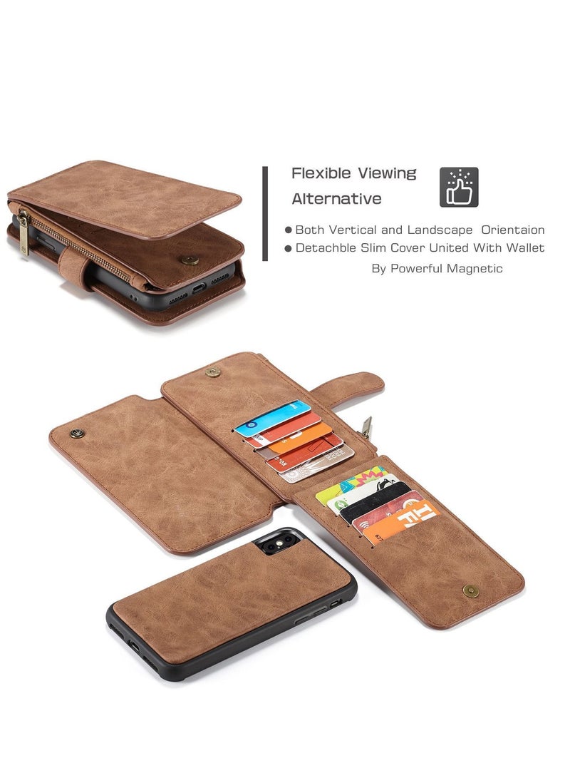 Y&D Multifunctional Case for iPhone X/ Xs with 14 Card Slots 2-in-1 Design Removable Slim Back Pu Leather Wallet Cover Compatible (brown) - Image 3