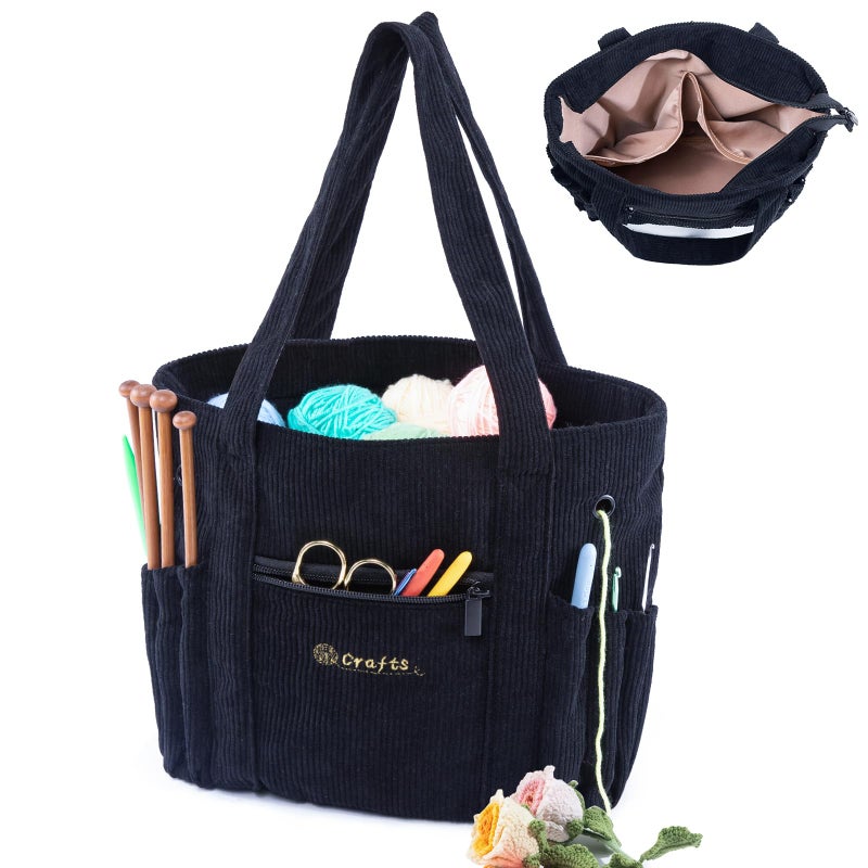 MYBAGZING Crochet Bag and Tote Corduroy Yarn Bag Yarn Holder for Crocheting Crochet Storage Bag for Crochet Hooks Crochet Accessories Knitting Bag for Crochet Lovers Mom Gift - Image 2