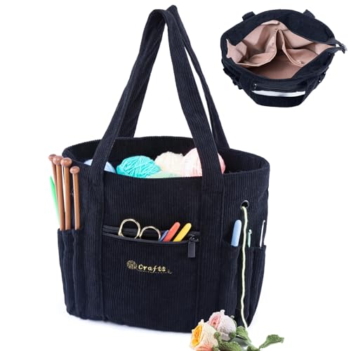 MYBAGZING Crochet Bag and Tote Corduroy Yarn Bag Yarn Holder for Crocheting Crochet Storage Bag for Crochet Hooks Crochet Accessories Knitting Bag for Crochet Lovers Mom Gift - Image 1