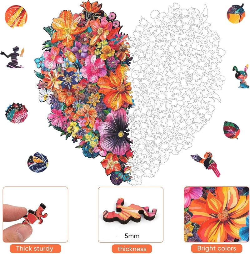 Mys Aurora Puzzles for Adults Heart Flower Wooden Puzzles, 200 Pieces Unique Shaped Jigsaw Puzzles, Birthday Gifts for Mom Adults and Kids, Fun Challenge Family Game 11.2'' x 10.8'' Medium Size - Image 3