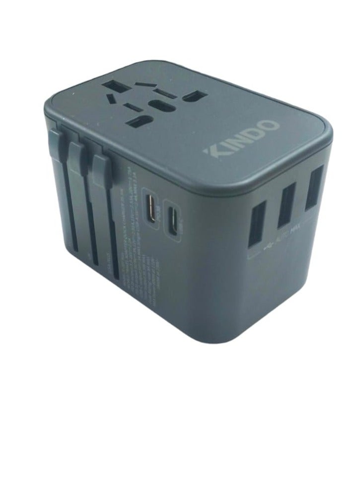 KINDO Universal Travel Adapter, International Charger with 3 USB Ports & Type-C PD Charging Adaptor for Cellphones,Laptop, All in One Travel Plug Adapter - Image 1