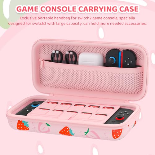FANPL Case for Nintendo Switch 2 (2025) Accessories, Pink Cute Travel Carrying Cover with Adjustable Shoulder Strap, Strawberry - Image 4