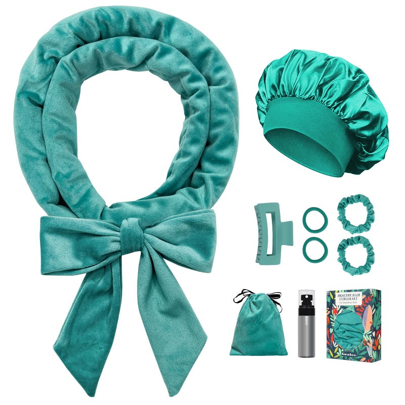 Gwabee No Heat Overnight Curl Headband, 70" Soft Ribbon Wrap for Long Hair, 9 PCS Hair Curling Rods Set - Blue Green - Image 1