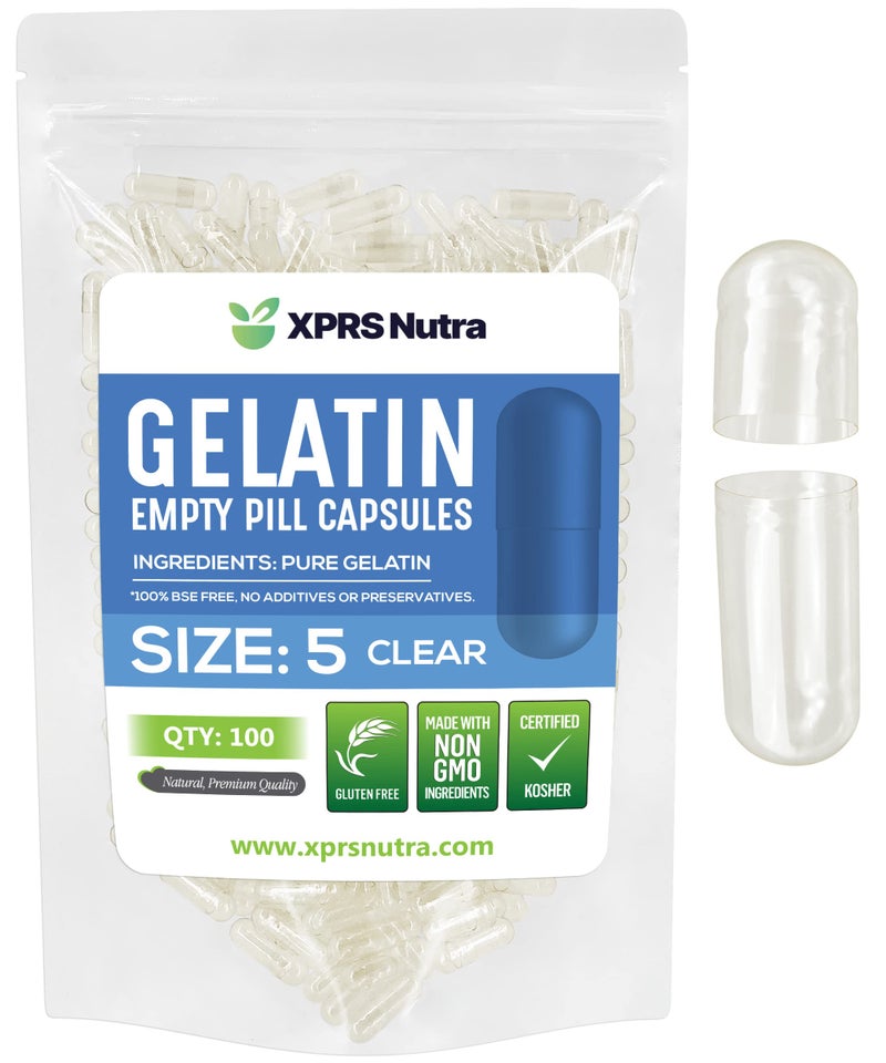 XPRS Nutra كبسولات XPRS Nutra فارغة حجم 5 - 100 عد شفاف كبسولات جيلاتينية صغيرة جداً للتعبئة الذاتية - كبسولات جيلاتينية قابلة للتعبئة - Image 1