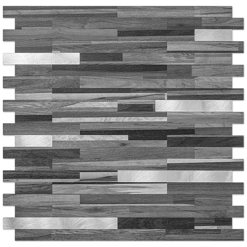 DICOFUN 10-Sheet Peel and Stick Backsplash Tile, Black & Grey Wood Look PVC Mixed Metal Stick on Backsplash Tiles for Kitchen, 9.4 sq.ft - Image 1