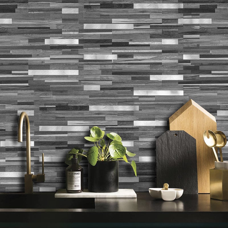 DICOFUN 10-Sheet Peel and Stick Backsplash Tile, Black & Grey Wood Look PVC Mixed Metal Stick on Backsplash Tiles for Kitchen, 9.4 sq.ft - Image 3