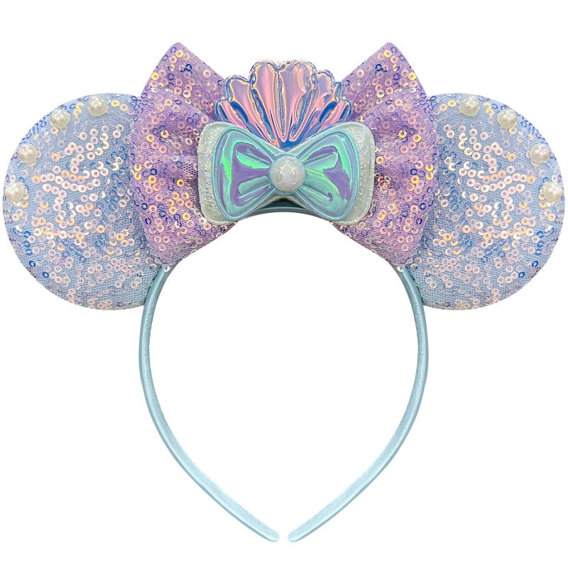 Bmobuo Mermaid Mouse Ears Headband for Women,Purple Scallop Mouse Ears Sequin Bows Headband Mouse Ears for Adult Park Ears
