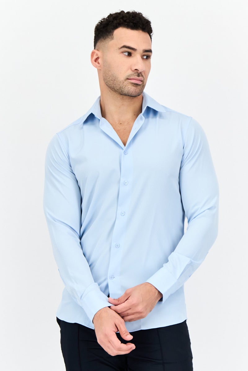 Scotch & Soda Men Modern Fit Plain Long Sleeve Dress Shirt, Light Blue - Image 1