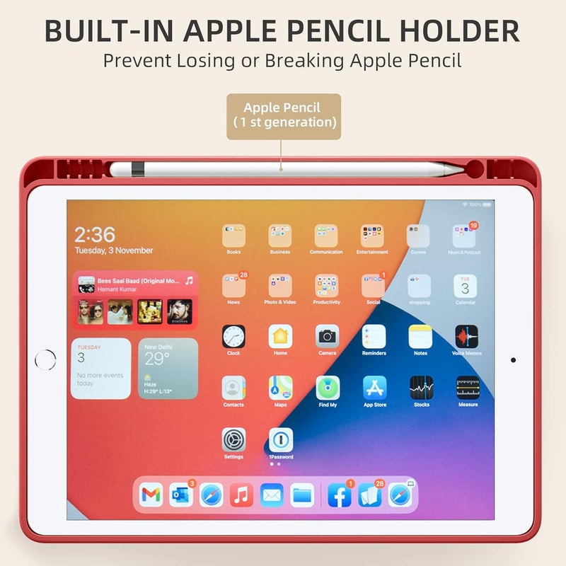 Akkerds Case Compatible with iPad 10.2 Inch 2021/2020/2019, for iPad 9th/8th/7th Generation Case with Pencil Holder, Protective Cover with Soft TPU Back, Auto Sleep/Wake, Red - Image 4
