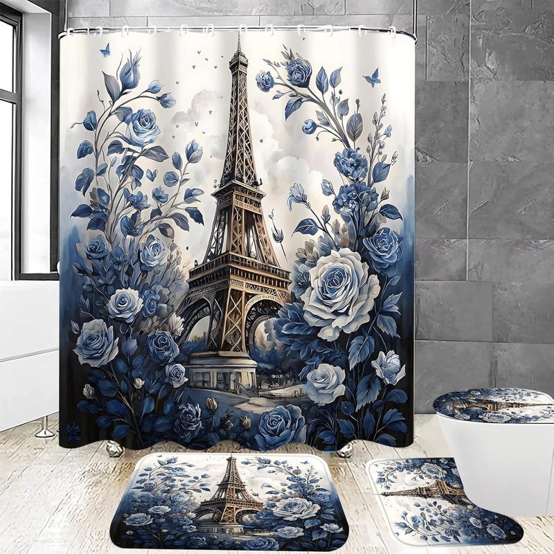 Chrainy 4Pcs Paris Eiffel Tower Shower Curtain Sets The Blue Rose Bathroom Set Decor with Non-Slip Rugs Bath U-Shaped Mat Toilet Lid Cover Waterproof Floal Bathroom Curtains Shower Set with 12 Hooks - Image 1