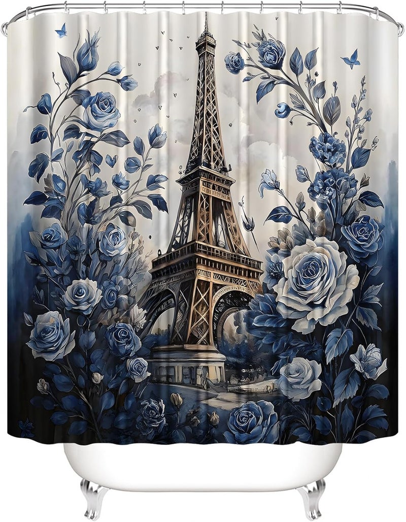Chrainy 4Pcs Paris Eiffel Tower Shower Curtain Sets The Blue Rose Bathroom Set Decor with Non-Slip Rugs Bath U-Shaped Mat Toilet Lid Cover Waterproof Floal Bathroom Curtains Shower Set with 12 Hooks - Image 3