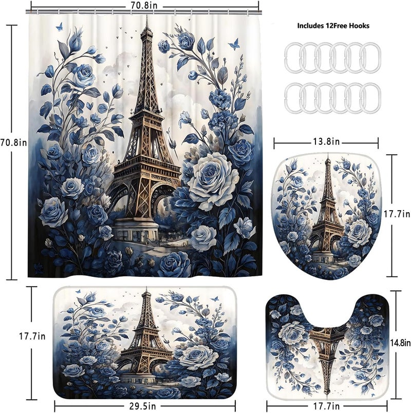 Chrainy 4Pcs Paris Eiffel Tower Shower Curtain Sets The Blue Rose Bathroom Set Decor with Non-Slip Rugs Bath U-Shaped Mat Toilet Lid Cover Waterproof Floal Bathroom Curtains Shower Set with 12 Hooks - Image 5