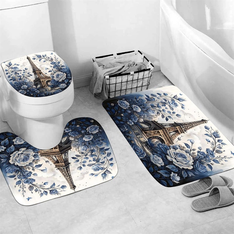 Chrainy 4Pcs Paris Eiffel Tower Shower Curtain Sets The Blue Rose Bathroom Set Decor with Non-Slip Rugs Bath U-Shaped Mat Toilet Lid Cover Waterproof Floal Bathroom Curtains Shower Set with 12 Hooks - Image 4