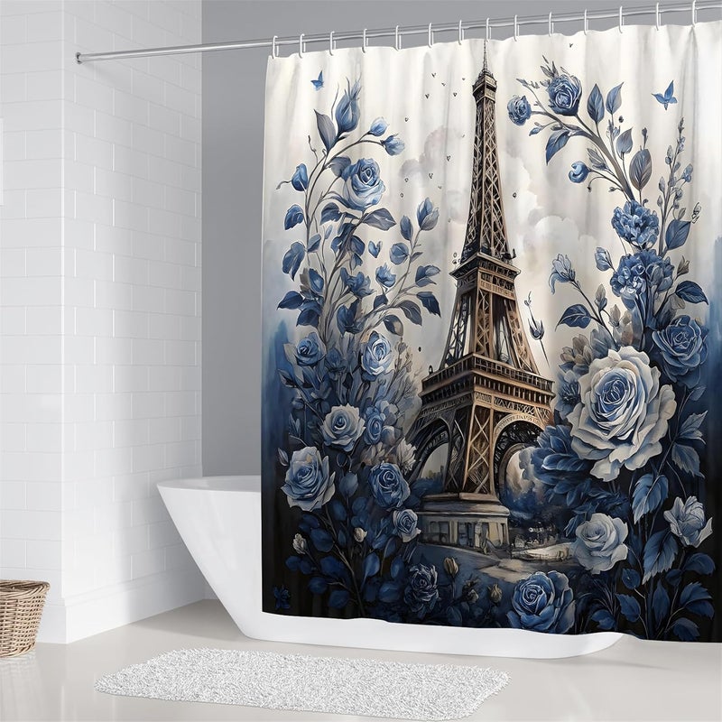 Chrainy 4Pcs Paris Eiffel Tower Shower Curtain Sets The Blue Rose Bathroom Set Decor with Non-Slip Rugs Bath U-Shaped Mat Toilet Lid Cover Waterproof Floal Bathroom Curtains Shower Set with 12 Hooks - Image 2