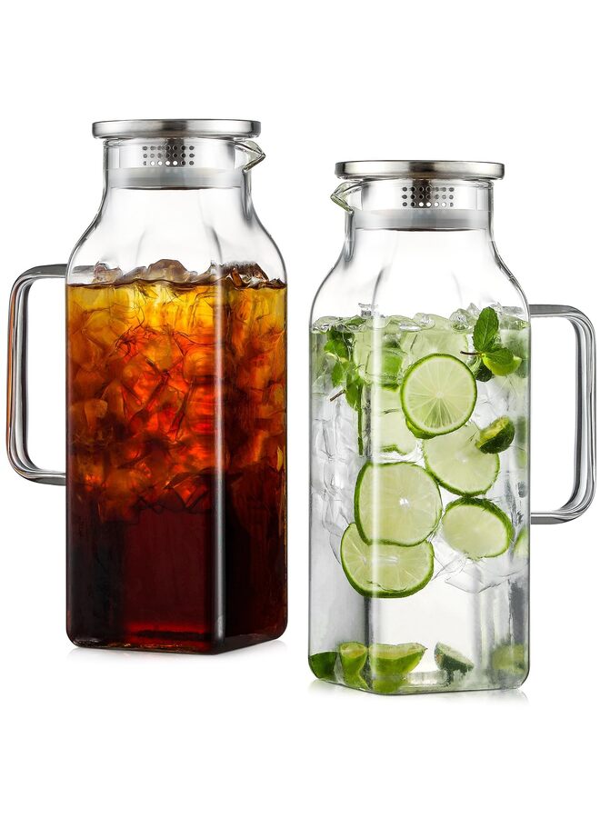 2 PCS Square Glass Pitcher, 2L Square Glass with Lid and Handle for Fridge, Iced Tea and Coffee Carafe Beverage Serveware, Heat Resistant Borosilicate Water Jug for Hot/Cold Drinks and Milk - Image 1
