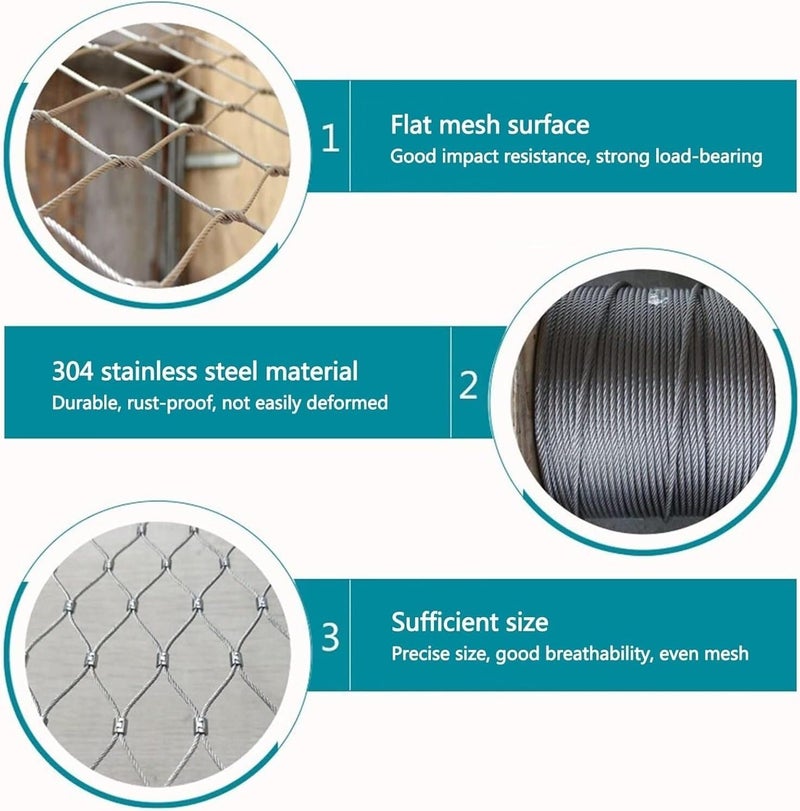 Stainless Steel Rope Wire Mesh Flexible Stainless Steel Rope Mesh, Fence Wire Flexible Metal Rope Net Roll, for Balcony Stair Protection for Zoo Cage Fence, Balcony, Stair(Silver-10cm,1x5m) - Image 4