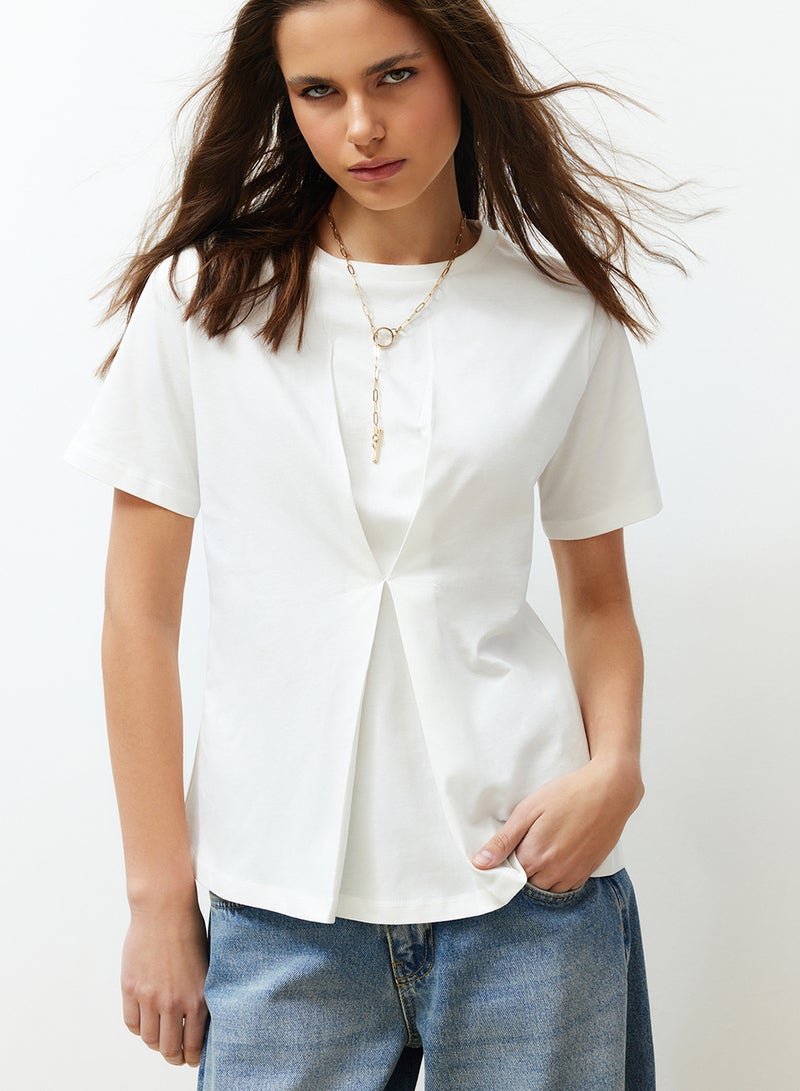 trendyol Ecru Front Pleat Detailed Regular/Normal Fit Crew Neck Knitted Blouse Twoss24Bz00302 - Image 1
