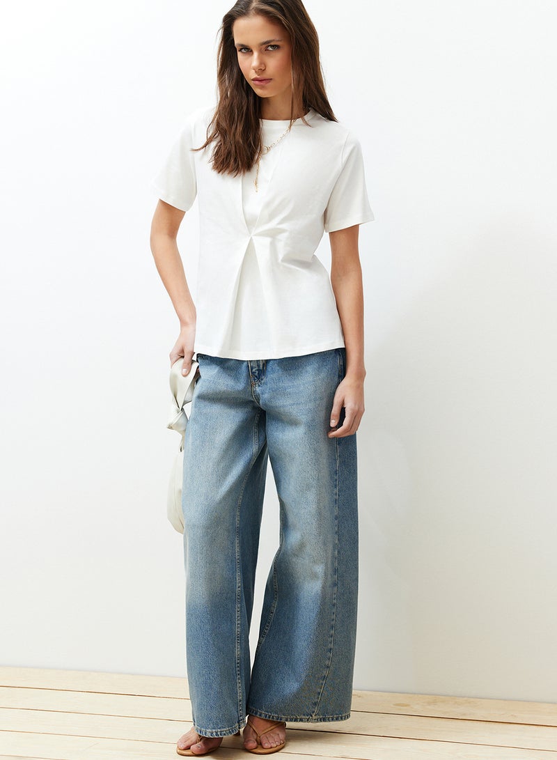 trendyol Ecru Front Pleat Detailed Regular/Normal Fit Crew Neck Knitted Blouse Twoss24Bz00302 - Image 3