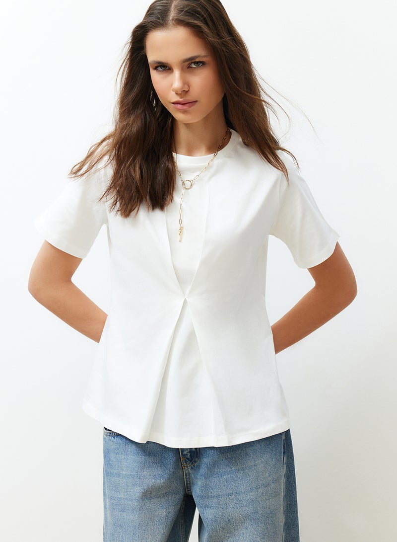 trendyol Ecru Front Pleat Detailed Regular/Normal Fit Crew Neck Knitted Blouse Twoss24Bz00302 - Image 2