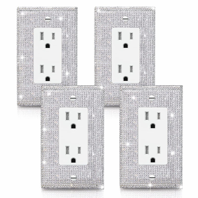 4 Pcs Silver Shiny Silver Rhinestone Crystal Light Switch Or Outlet Decorative Switch Covers Wall Plate Cover Plate Single Toggle Wall Plate