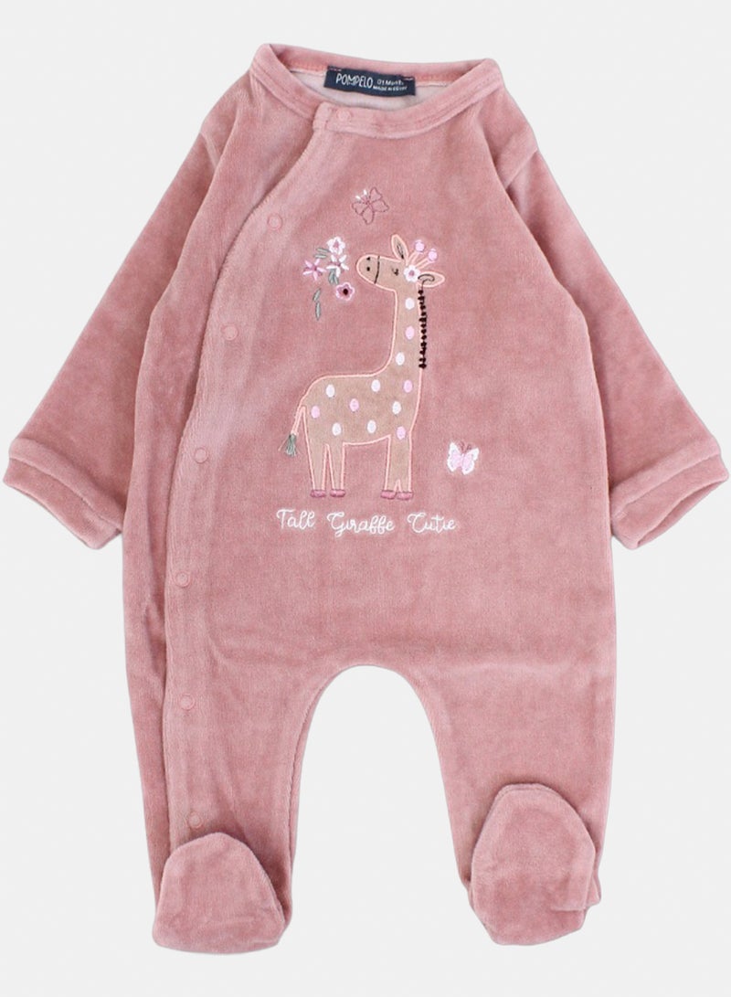 Baby Girls Velvet Footie – Salmon with Giraffe Embroidery