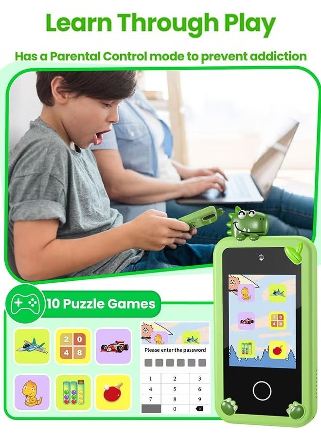 Eworld Kids Smart Phone with 3D Holographic Pyramid, 2.8-Inch Touchscreen Learning Toy, Dual Cameras, Music Player, Educational Interactive Phone for Boys & Girls Ages 3-10, Christmas, Eid & Birthday Gift, Green - Image 5