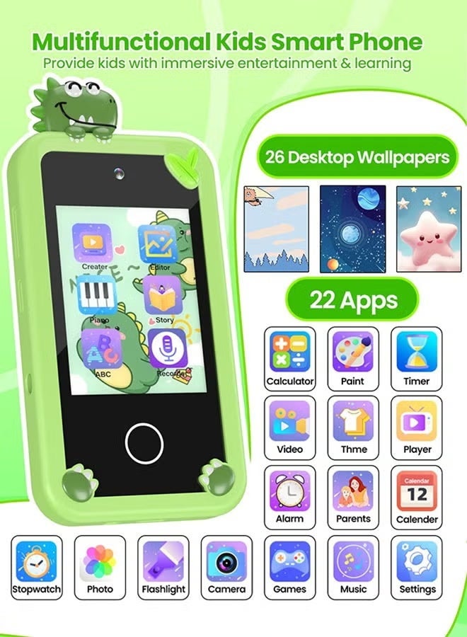Eworld Kids Smart Phone with 3D Holographic Pyramid, 2.8-Inch Touchscreen Learning Toy, Dual Cameras, Music Player, Educational Interactive Phone for Boys & Girls Ages 3-10, Christmas, Eid & Birthday Gift, Green - Image 2
