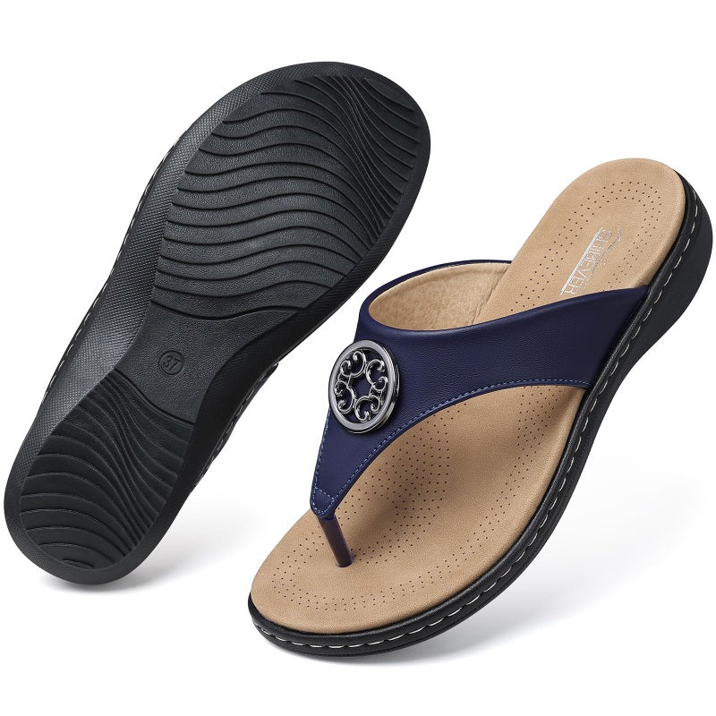 SHIBEVER Womens Flat Thong Sandals: Navy Blue Size 9 Comfortable Walking Summer Rubber Cushioned Casual Flip Flops for Women - Image 4