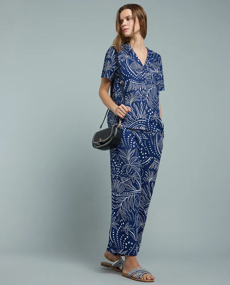 أر أند بي Patterned Linen Wide Leg Pants with Drawstring Waist