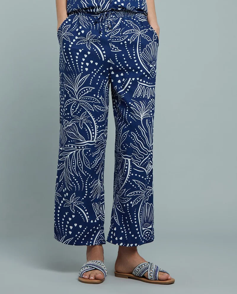 أر أند بي Patterned Linen Wide Leg Pants with Drawstring Waist