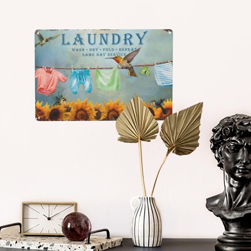 LifeWheel Vintage Laundry Room Wall Art Decor - Wash Fold Dry Repeat Tin Sign with Funny Message for Farmhouse Shelf, Garden, Bathroom - Retro Boho Metal Poster for Home Decoration - 8x12 Inches - Image 2