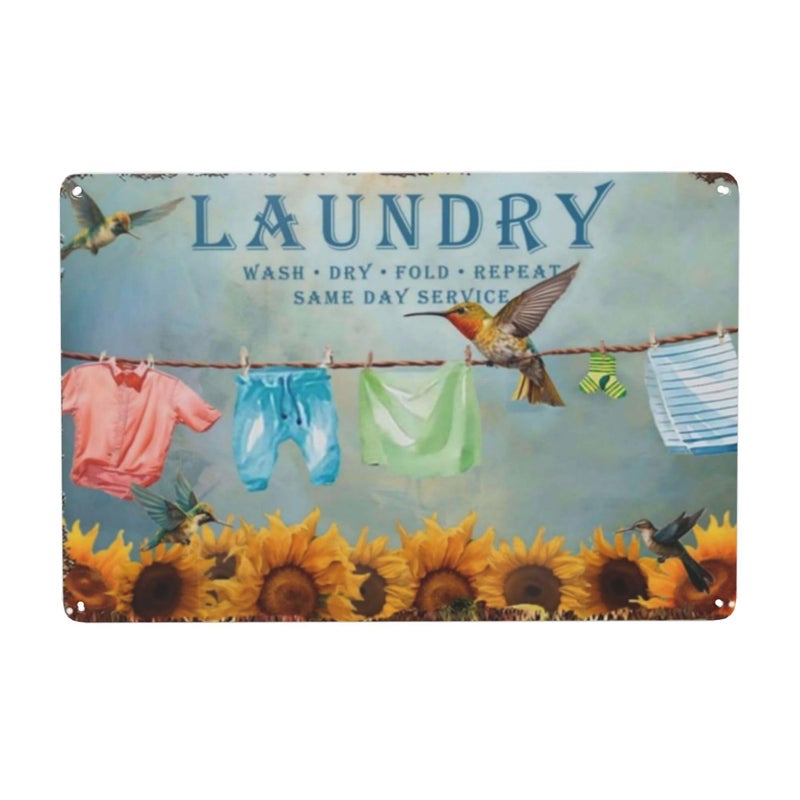 LifeWheel Vintage Laundry Room Wall Art Decor - Wash Fold Dry Repeat Tin Sign with Funny Message for Farmhouse Shelf, Garden, Bathroom - Retro Boho Metal Poster for Home Decoration - 8x12 Inches - Image 1