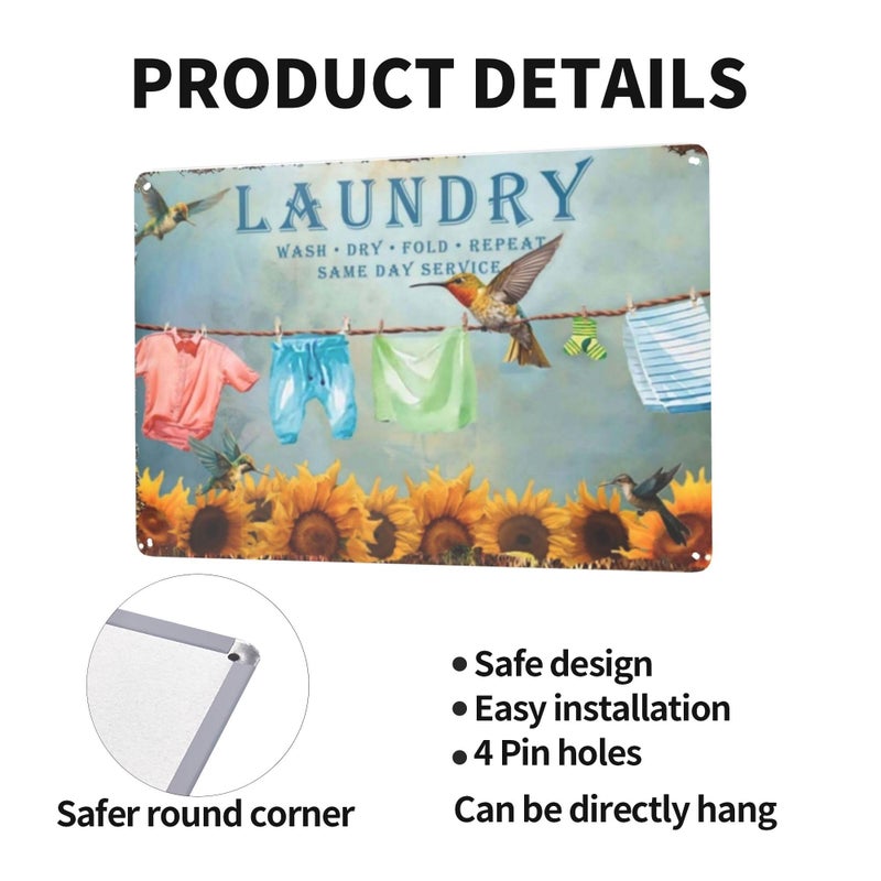 LifeWheel Vintage Laundry Room Wall Art Decor - Wash Fold Dry Repeat Tin Sign with Funny Message for Farmhouse Shelf, Garden, Bathroom - Retro Boho Metal Poster for Home Decoration - 8x12 Inches - Image 4