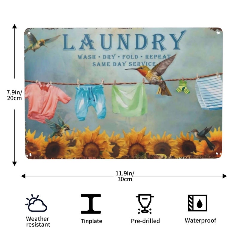 LifeWheel Vintage Laundry Room Wall Art Decor - Wash Fold Dry Repeat Tin Sign with Funny Message for Farmhouse Shelf, Garden, Bathroom - Retro Boho Metal Poster for Home Decoration - 8x12 Inches - Image 3