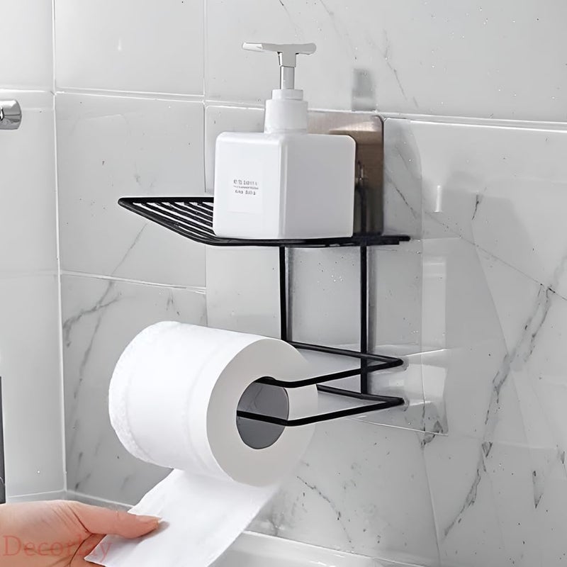 Decorlay Multifunctional Self Adhesive Wall Mounted Bathroom Shelf Tissue Roll Holder with Mobile Phone Storage Shelf Rack, Towel Rack, Toilet Paper Holder Bathroom Organizer | Color - Black - Image 2