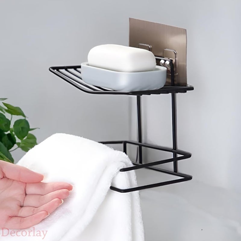 Decorlay Multifunctional Self Adhesive Wall Mounted Bathroom Shelf Tissue Roll Holder with Mobile Phone Storage Shelf Rack, Towel Rack, Toilet Paper Holder Bathroom Organizer | Color - Black - Image 3