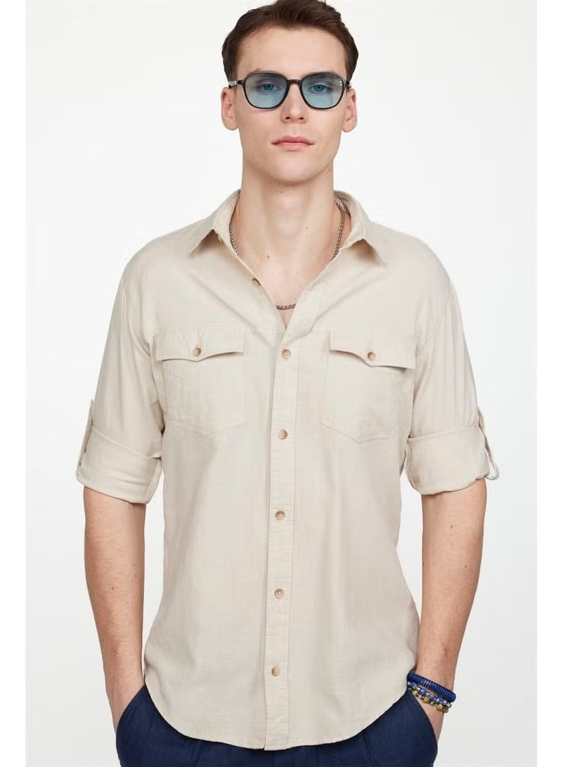 Tudors Slim Fit Long Sleeve Double Pocket Cotton Linen Sport Collar Men's Shirt - Image 1